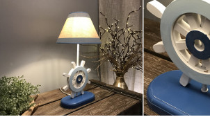 Lámpara de mesa de madera con forma de timón, acabado azul envejecido y blanco envejecido, 40cm
