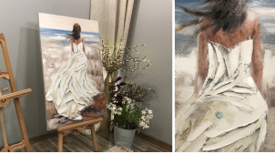 Cuadro grande en madera y lienzo con representación de silueta femenina y playa con vestido blanco, 120cm