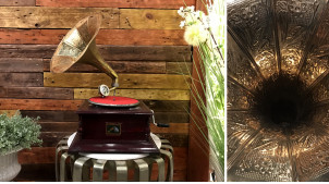Gramófono de madera con acabado de caoba, cuerno grande de metal dorado efecto latón, funcional, reproducción de los años 30