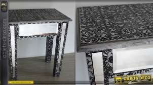 Mesa auxiliar en madera y espejo, ambiente marroquí acabado negro y plateado, 44cm