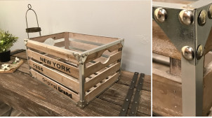 Caja de almacenamiento de madera y metal con inscripción New-York