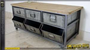 Consola industrial de madera y metal con 3 compartimentos y 3 cajones