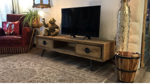 Mueble TV en madera de abeto y metal acabado natural, 2 cajones, 140cm