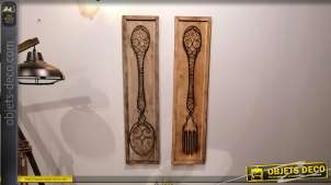 Dúo de decoraciones de pared grande tenedor y cuchara en madera y metal 99 cm