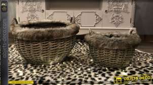 Dúo de cestas redondas de mimbre gris forro de piel sintética Ø 45 cm