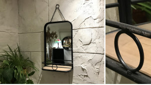 Espejo de pared retro e industrial en madera y metal con repisa, 50cm