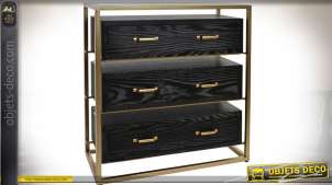 Baúl de diseño negro y dorado en madera y metal con 3 cajones