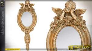 Espejo de mano ovalado con acabado dorado y un antiguo diseño de ángel alado de 26 cm