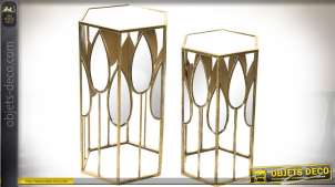Dúo de estantes hexagonales de metal dorado y espejos 70 cm