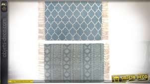 Serie de dos alfombras de algodón de estilo oriental de 90 x 60 cm, azul y crudo