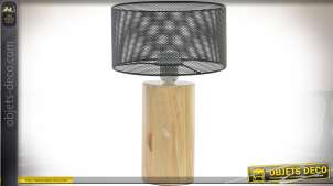 Lámpara de mesa cilíndrica en madera clara natural y metal gris oscuro 35,5 cm