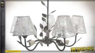 Chandelier 5 brazos sombra de follaje de metal con cortinas blancas florales Ø 56 cm