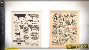 Serie de 2 lienzos colgantes de estilo vintage: bicicletas y bueyes 95 cm