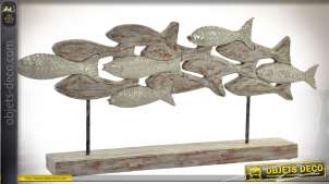 Escultura banco de pescado con soporte envejecido de madera de mango y metal 67 cm