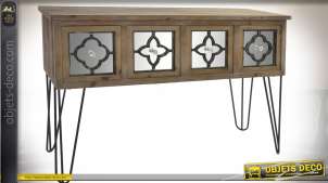 Consola rústica de madera y metal con 4 cajones con frentes espejados