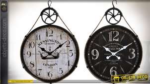 Dúo de relojes retro e industriales : madera y metal, blanco y negro 71 cm