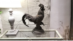 Estatua de gallo de hierro fundido sobre base, acabado oxidado, 33 cm