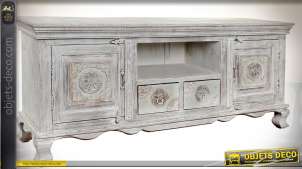 Mueble de TV rústico de madera de mango tallado pátina blanca antigua 150 cm