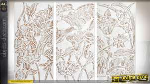 tríptico de madera tallada pájaros y flores pátina blanca 134 cm