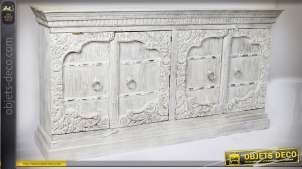 Buffet enfilada 4 puertas estilo indio, madera de mango, blanco pátina envejecida 190 cm