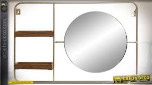Espejo de pared de metal retro e industrial con 2 estantes pequeños, de madera de 60 x 40 cm.