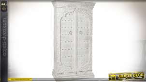 Gran armario con 2 puertas de madera de mango estilo indio pátina blanca envejecida 190 cm