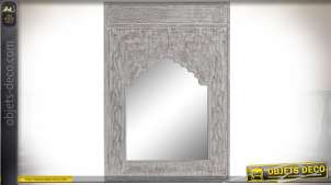 Espejo oriental de madera tallada pátina gris y blanca 100 cm