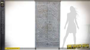 Armario con 2 puertas, motivo de elefante indio tallado blanco y gris 185 cm