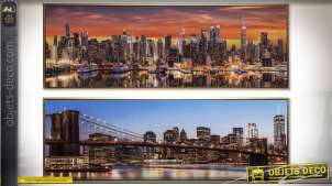 Duo de pinturas de Nueva York con marco dorado 122 x 42 cm