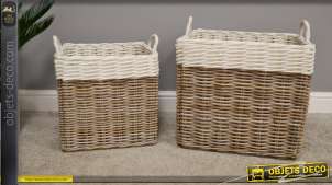 Conjunto de dos cestas de ratán, formas rectangulares, color natural y blanco.
