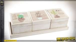 Conjunto de 3 cajas y bandeja, ilustraciones de madera clara sobre el tema de cactus 35 cm