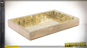 Bandeja de madera rectangular y mosaico de vidrio dorado de 30 x 20 cm
