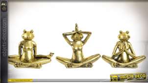 Conjunto de 3 ranas practicando yoga, acabado dorado brillante 15 cm