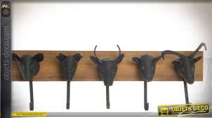 Perchero de madera y metal con 5 ganchos con cabezas de animales de 69 cm