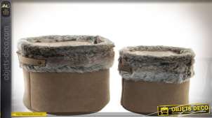Dúo de cestas de tela color marrón claro y piel sintética gris Ø 32.5 cm