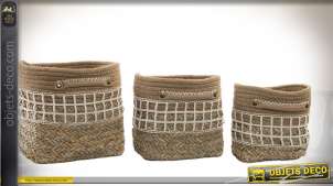Conjunto de tres cestas de mimbre y yute, hermosos acabados estampados en cuadritos