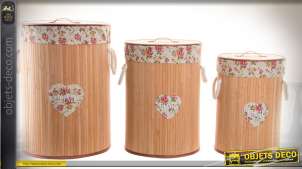 Set de 3 cestas de lavandería cilíndricas en bambú y tela con motivos florales 54 cm