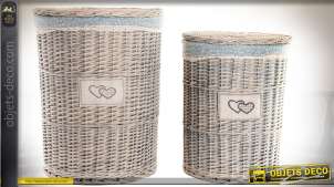 Cestas de lavandería de mimbre gris lavado Duo, forma cilíndrica con forro de tela