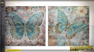 Conjunto de 2 pinturas sobre lienzo, mariposas en cuentas acrílicas color turquesa