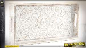 Bandeja de servir con motivos de mandala de madera tallada y flores de pátina blanca 50 cm