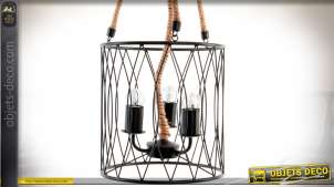 Suspensión de jaula circular en metal negro 3 luces y cuerdas Ø 30 cm