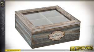 Caja de té o infusión con 4 compartimentos, madera envejecida y cristal de 18 x 18 cm