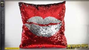 Almohada de brillo reversible roja y plateada: labios y patrón de beso