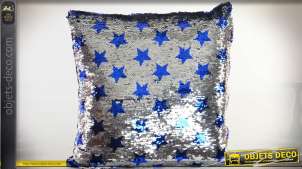Cojín de plata con patrones de brillo reversibles estrellas azules 40 x 40 cm