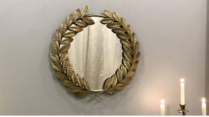 Espejo redondo de metal, espíritu antiguo de Roma, acabado en metal dorado, rama de laurel 56cm