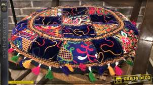 Cojín grande redondo de algodón grueso, patrones de patchwork muy coloridos con flecos y pompones, espíritu Inca, Ø55cm