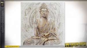Gran tríptico en madera y lienzo que representa a Buda en meditación, colores suaves y cálidos, 120cm en tres partes