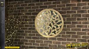 Decoración de pared redonda, en madera con espejo al fondo, acabado dorado y plateado efecto envejecido, espíritu clásico, Ø59cm