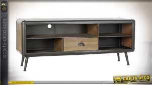 Mueble TV en madera de abeto acabado crudo y metal acero antracita, estilo industrial moderno, remaches visibles, 140cm