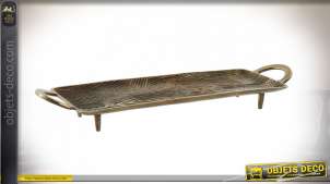 Bandeja decorativa - centro de mesa de aluminio con forma de tronco, ricamente veteado y texturizado, asas grandes, acabado dorado envejecido, 59 cm